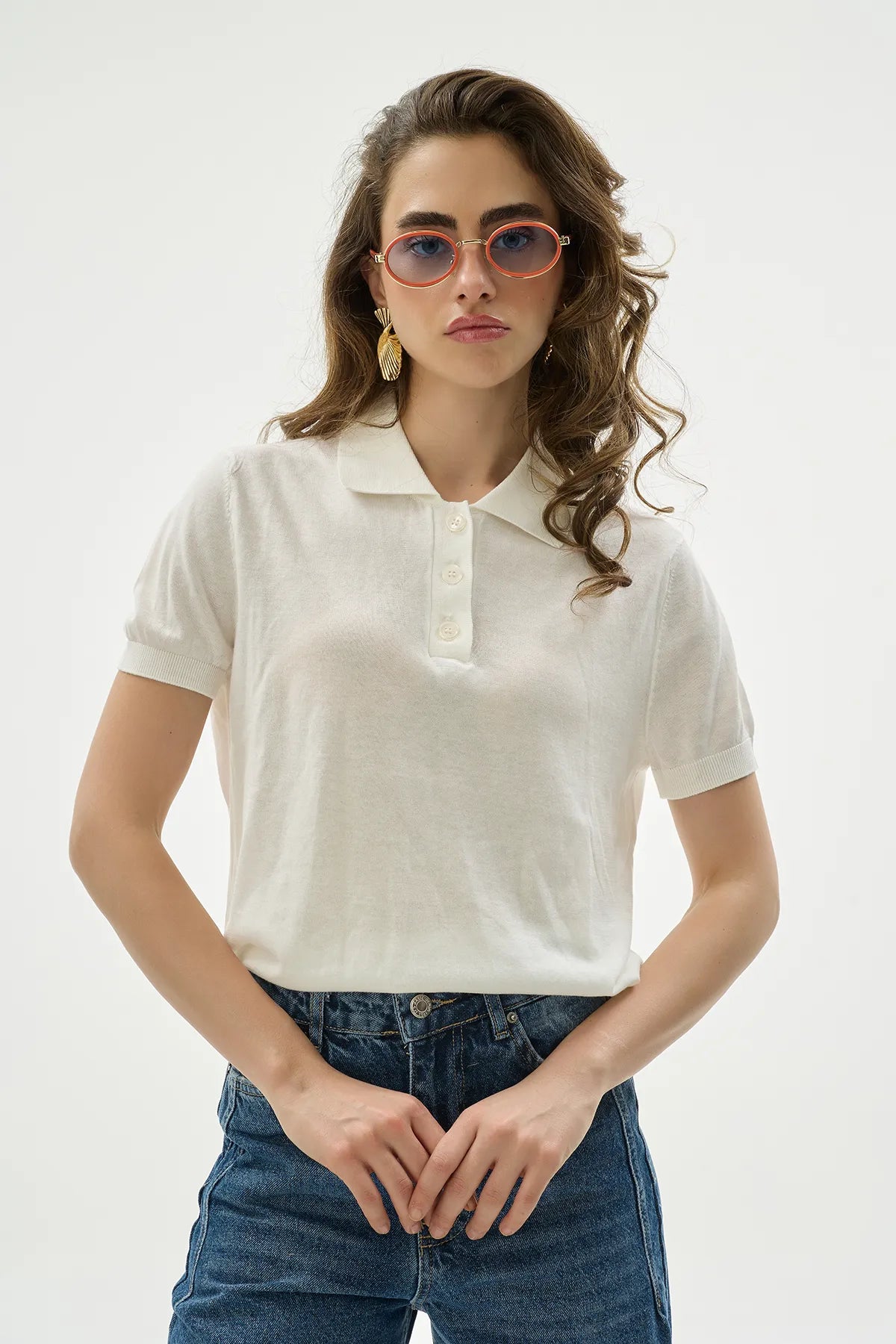 Polo Yaka Ekru Ultra İnce Bluz