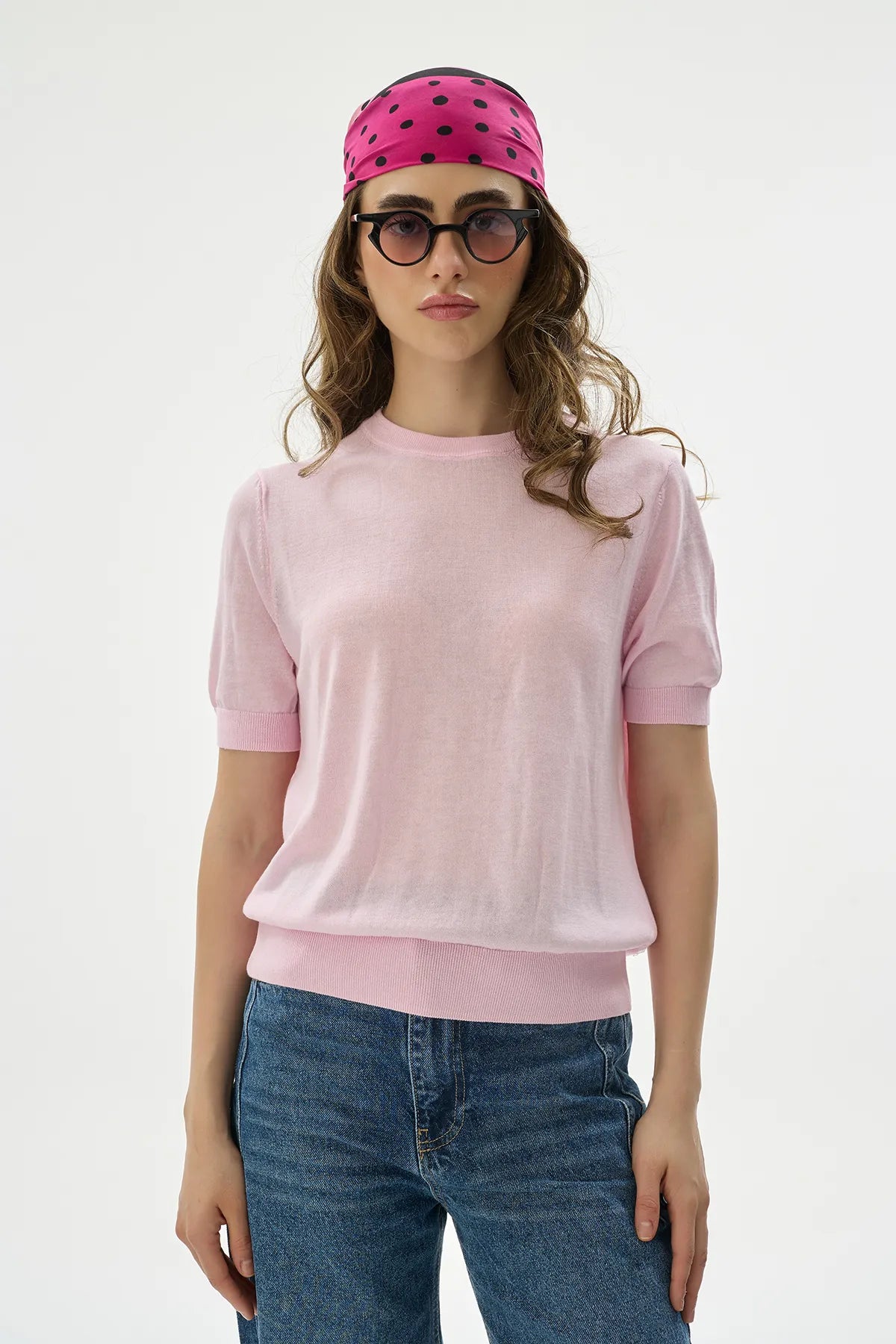 Yuvarlak Yaka Pembe Lyocell Bluz