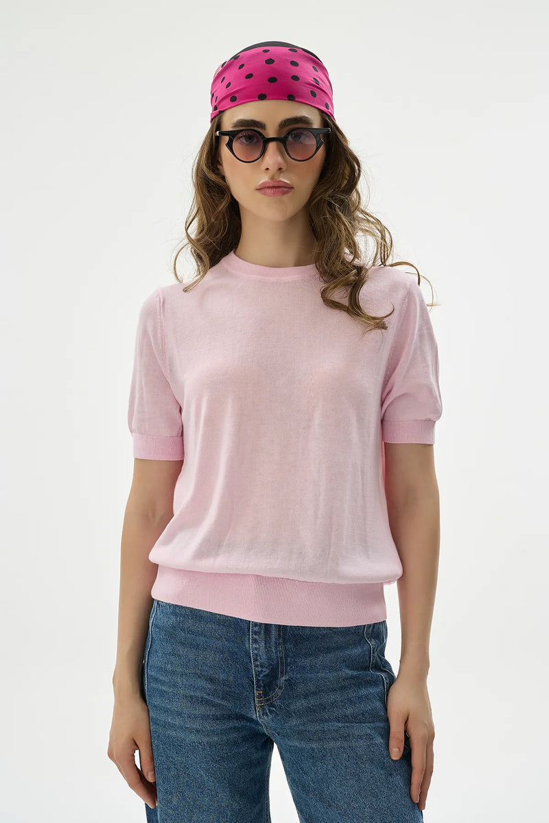 Yuvarlak Yaka Pembe Lyocell Bluz-zoom-