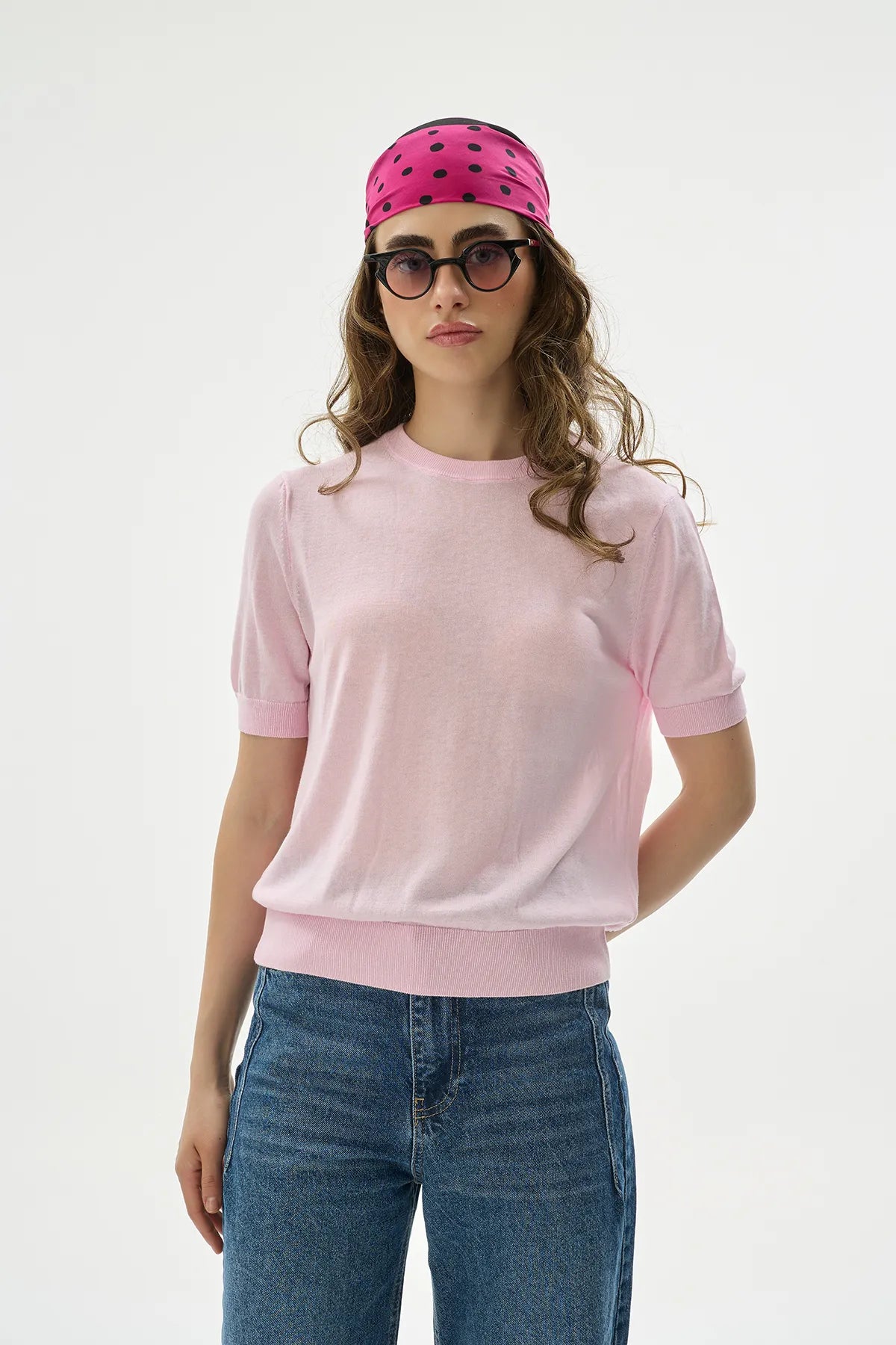 Yuvarlak Yaka Pembe Lyocell Bluz