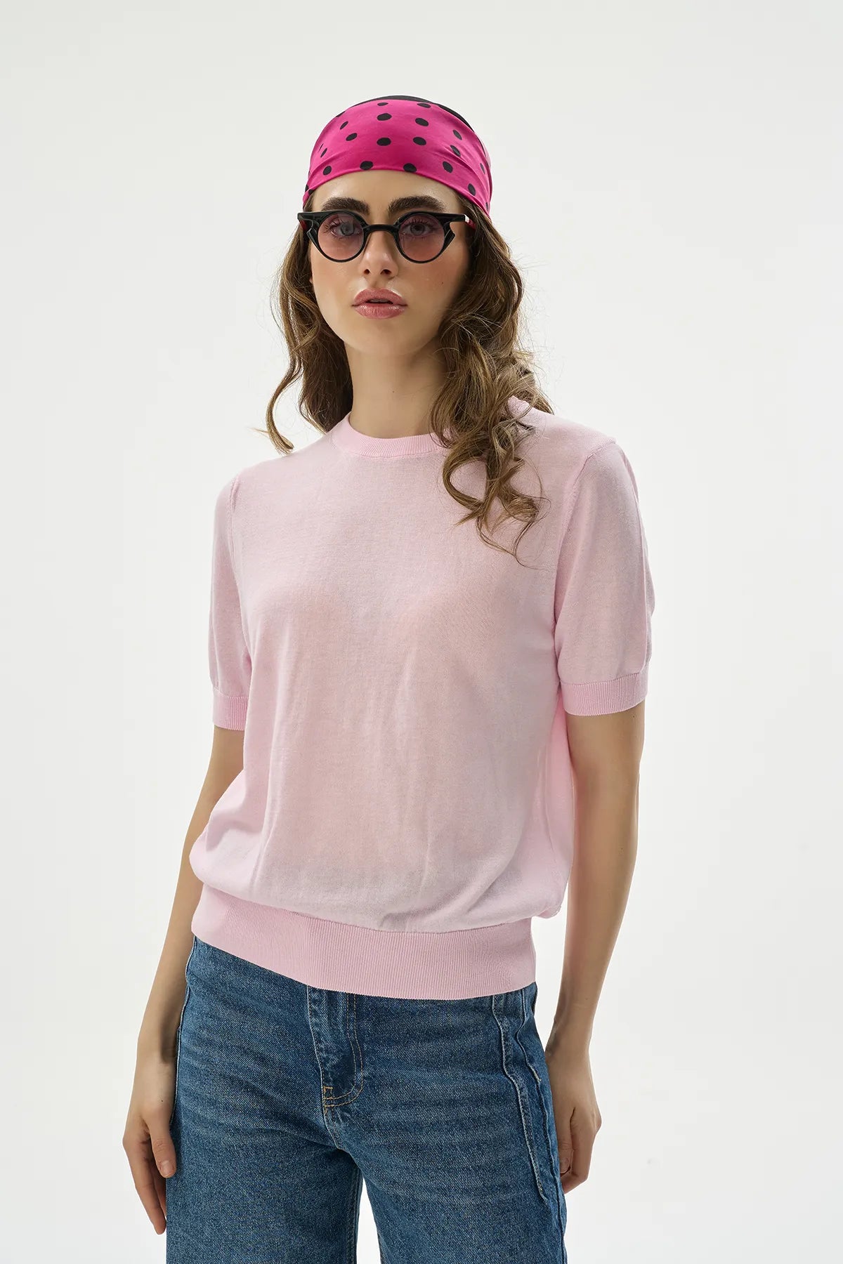 Yuvarlak Yaka Pembe Lyocell Bluz-zoom-3