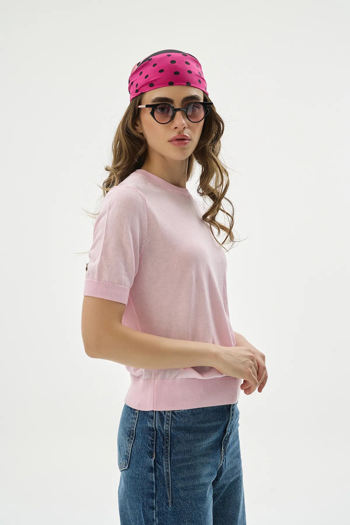 Yuvarlak Yaka Pembe Lyocell Bluz-4