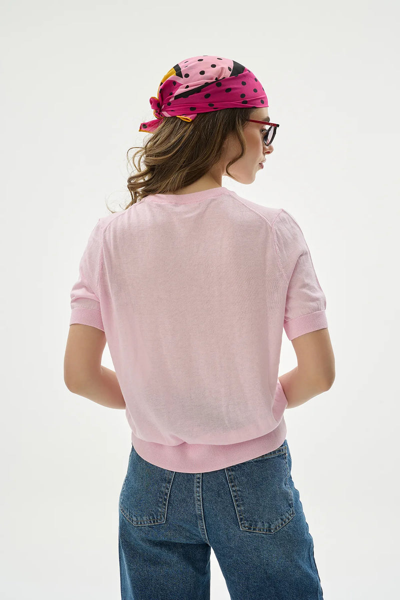 Yuvarlak Yaka Pembe Lyocell Bluz-zoom-