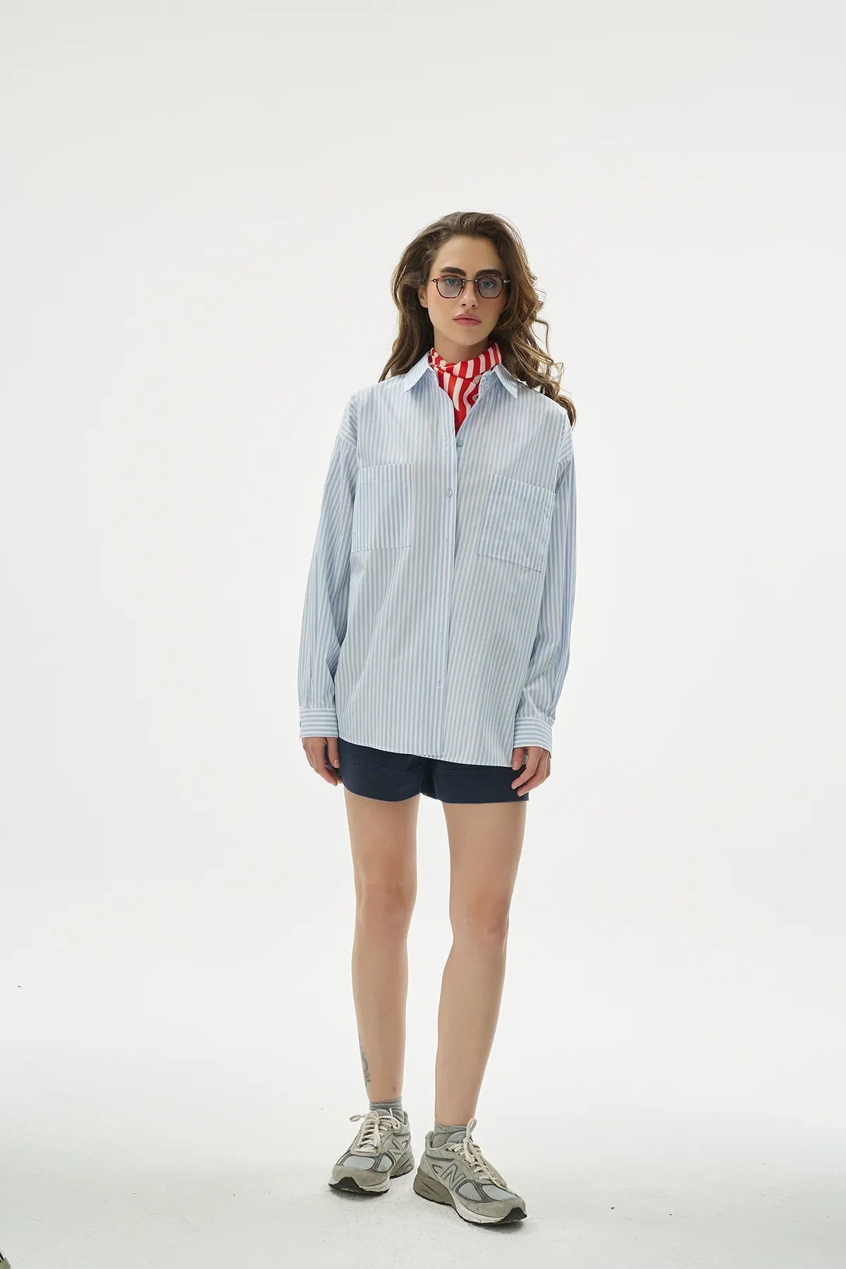 Oversize %100 Cotton Mavi Çizgili Gömlek