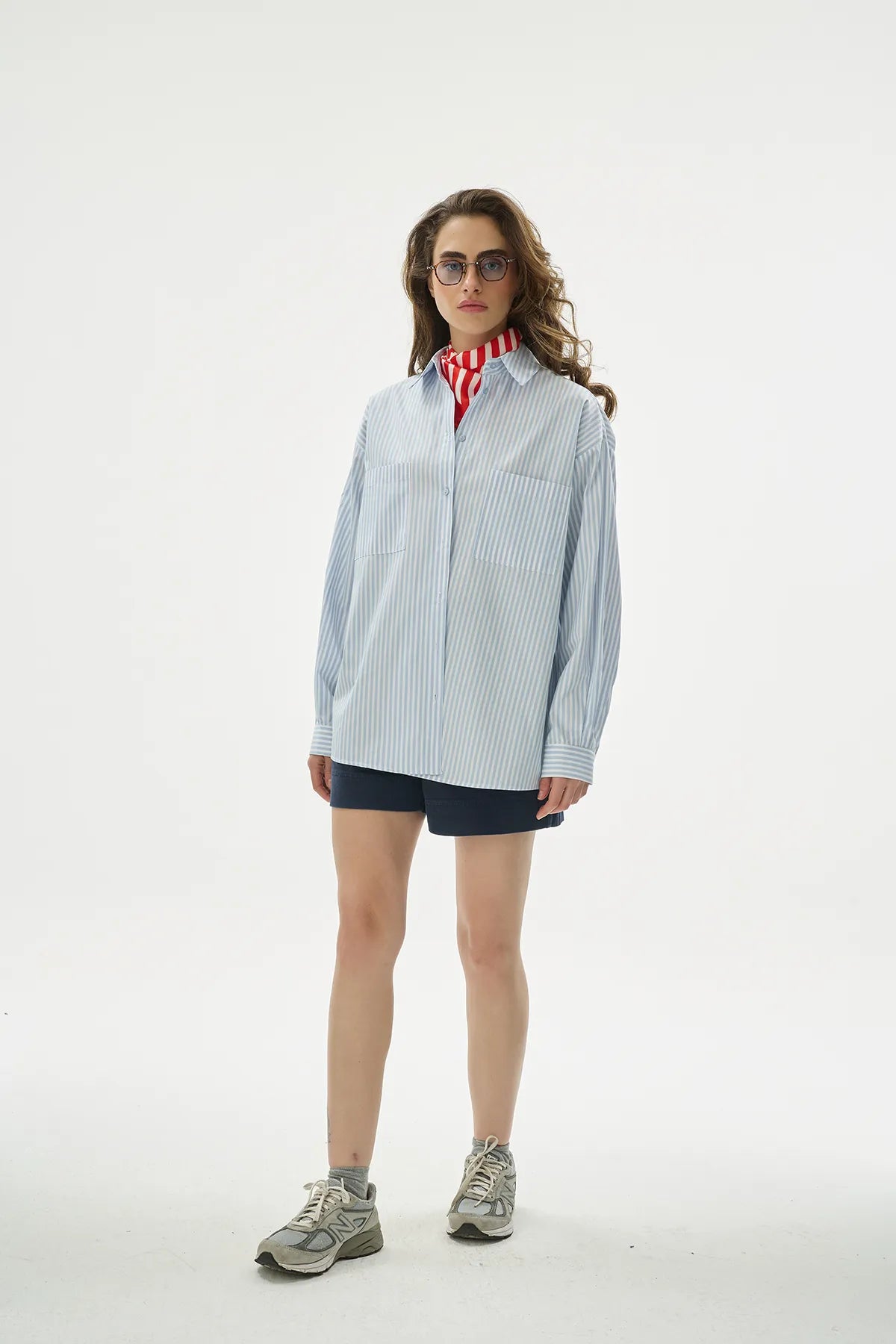 Oversize %100 Cotton Mavi Çizgili Gömlek-4