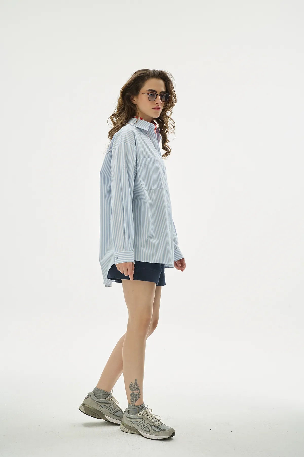 Oversize %100 Cotton Mavi Çizgili Gömlek-3