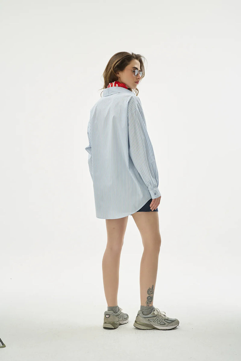 Oversize %100 Cotton Mavi Çizgili Gömlek-zoom-