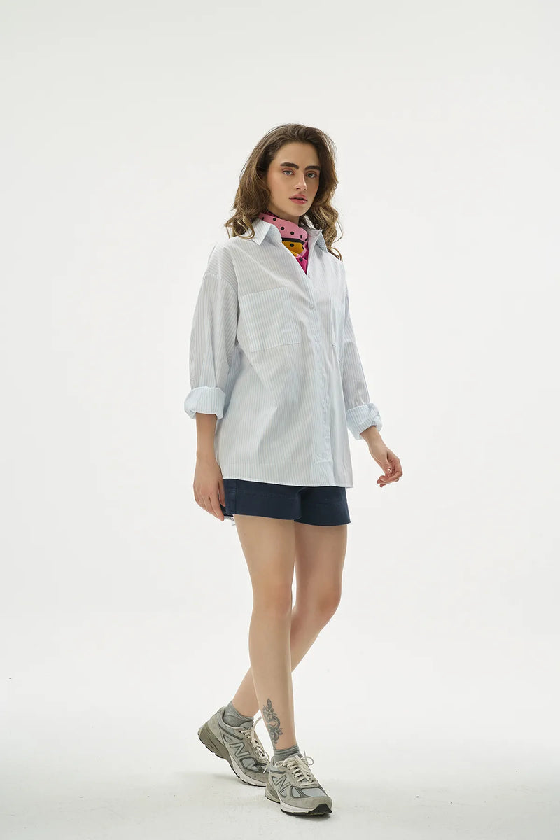 Oversize %100 Cotton Beyaz Çizgili Gömlek-zoom-