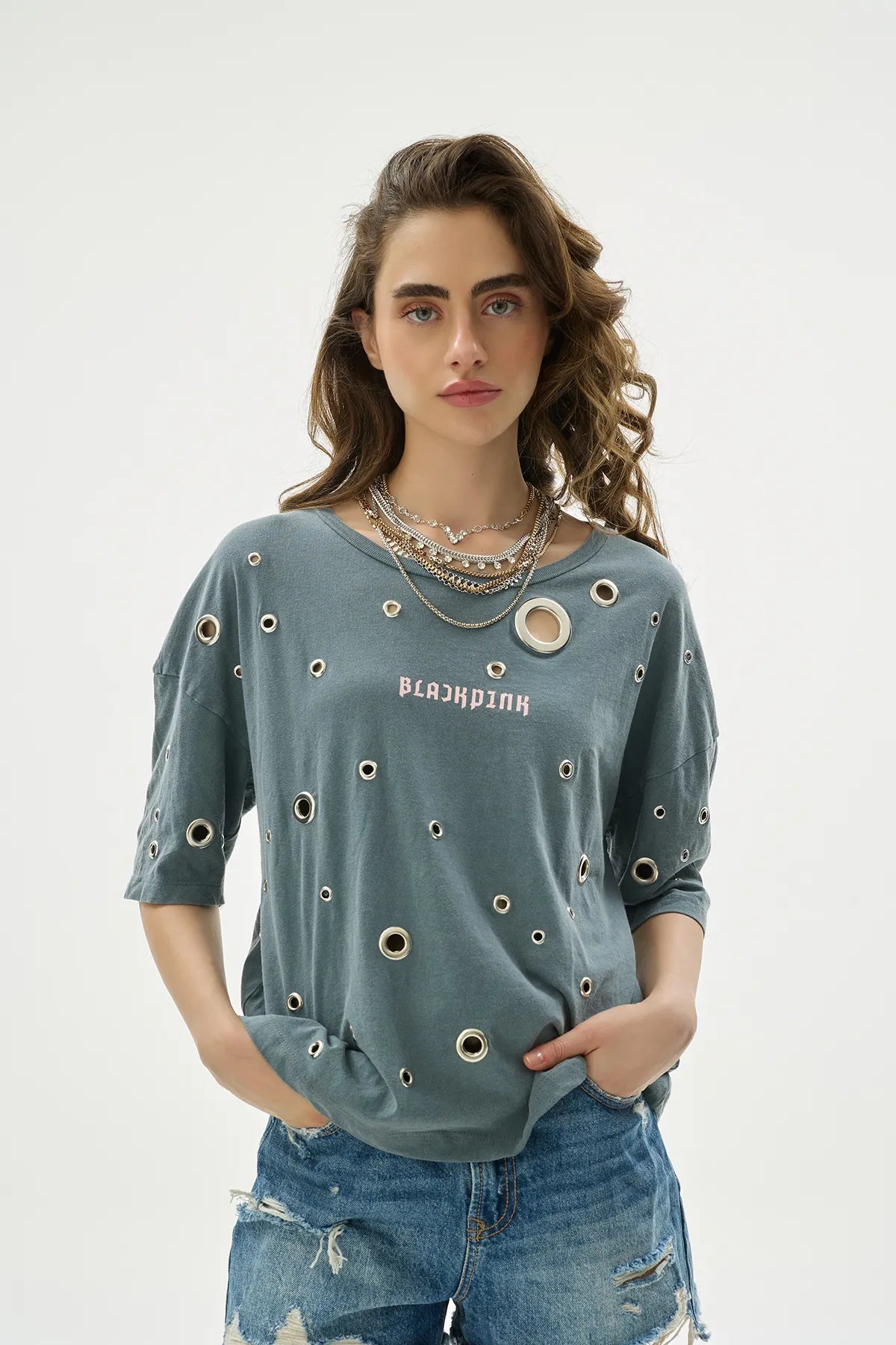 Kuş Gözü Detaylı Gri Oversıze Tshirt