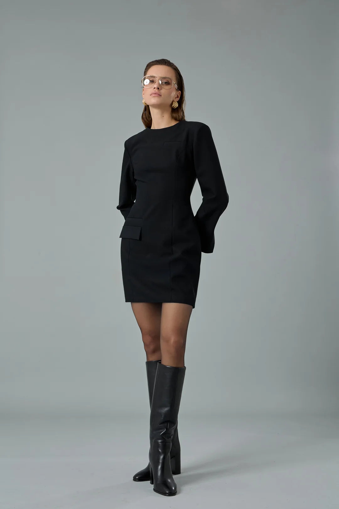 Cep Detaylı Vatkalı Mini Elbise-zoom-3