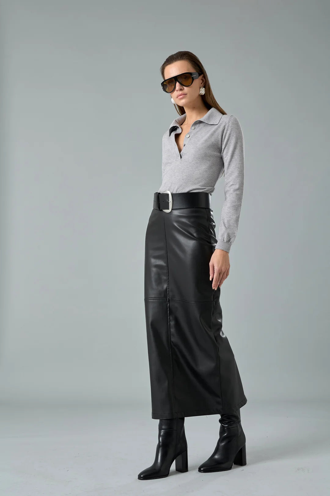 Deri Yırtmaçlı Midi Etek