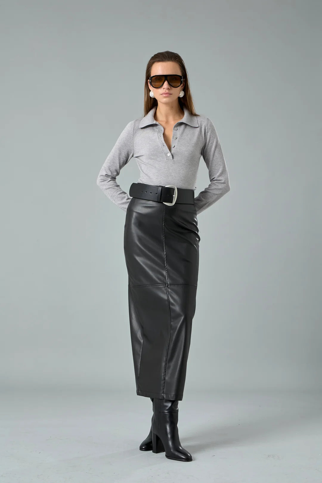 Deri Yırtmaçlı Midi Etek